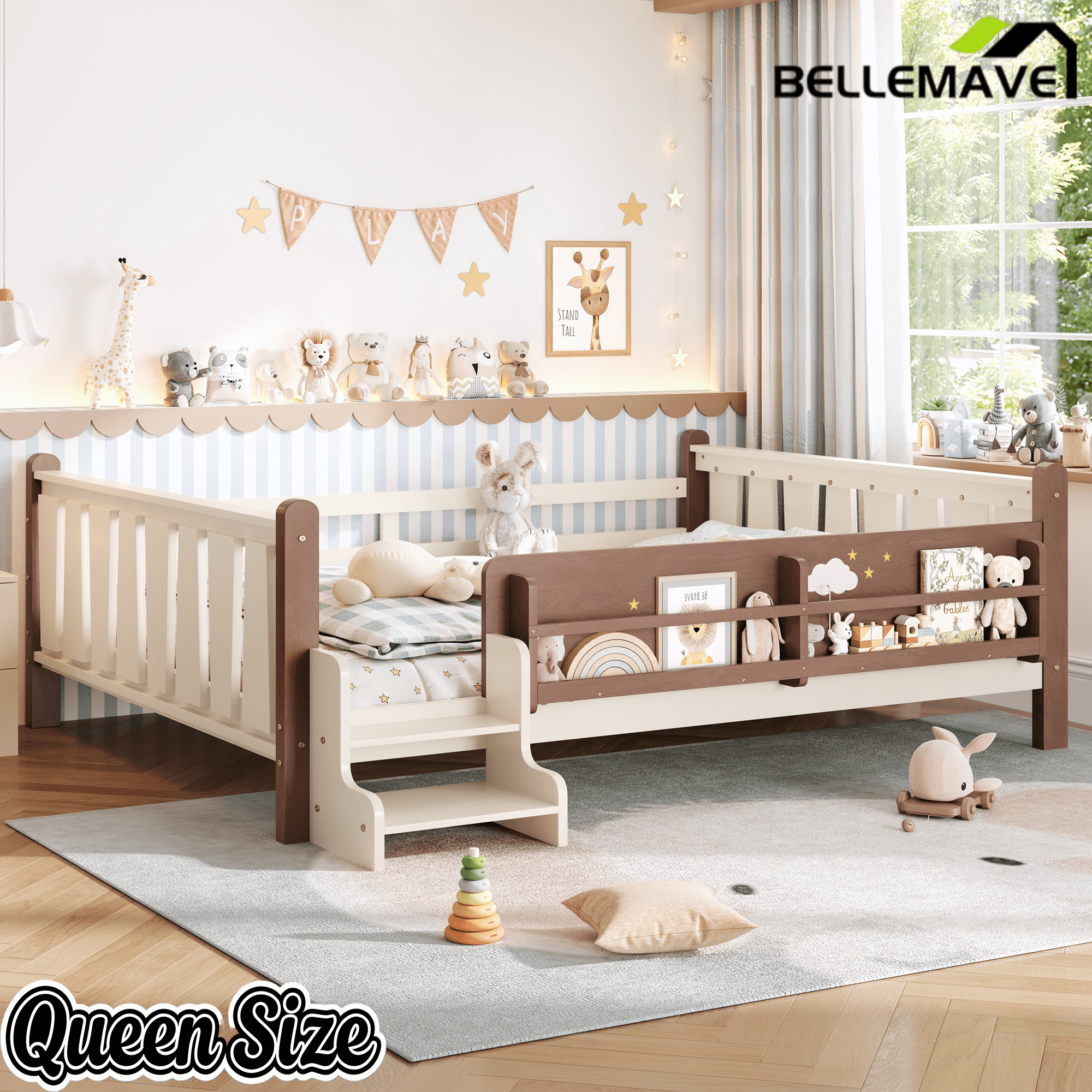 Bellemave® Full Size Floor Bed with Storage Bookcases, Solid Wood Kids Floor Bed with Cute Stairs and Guardrails, No Box Spring Needed, Espresso - Bellemave