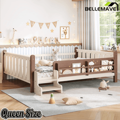 Bellemave® Full Size Floor Bed with Storage Bookcases, Solid Wood Kids Floor Bed with Cute Stairs and Guardrails, No Box Spring Needed, Espresso - Bellemave