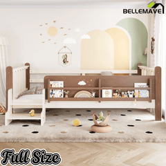 Bellemave® Full Size Floor Bed with Storage Bookcases, Solid Wood Kids Floor Bed with Cute Stairs and Guardrails, No Box Spring Needed, Espresso - Bellemave