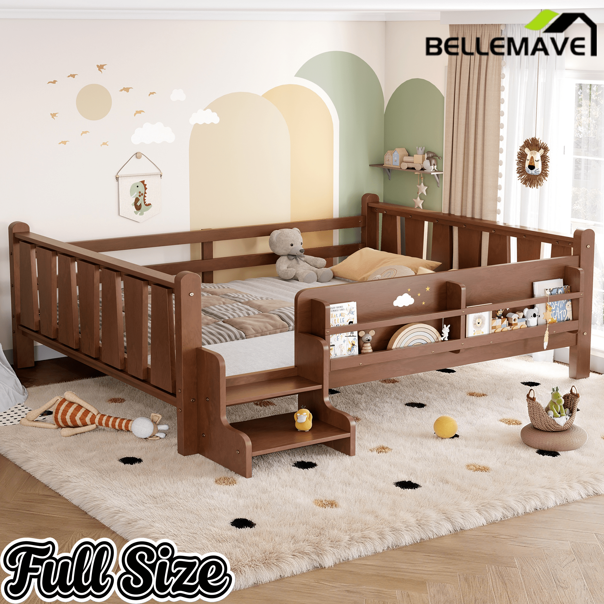 Bellemave® Full Size Floor Bed with Storage Bookcases, Solid Wood Kids Floor Bed with Cute Stairs and Guardrails, No Box Spring Needed, Espresso - Bellemave