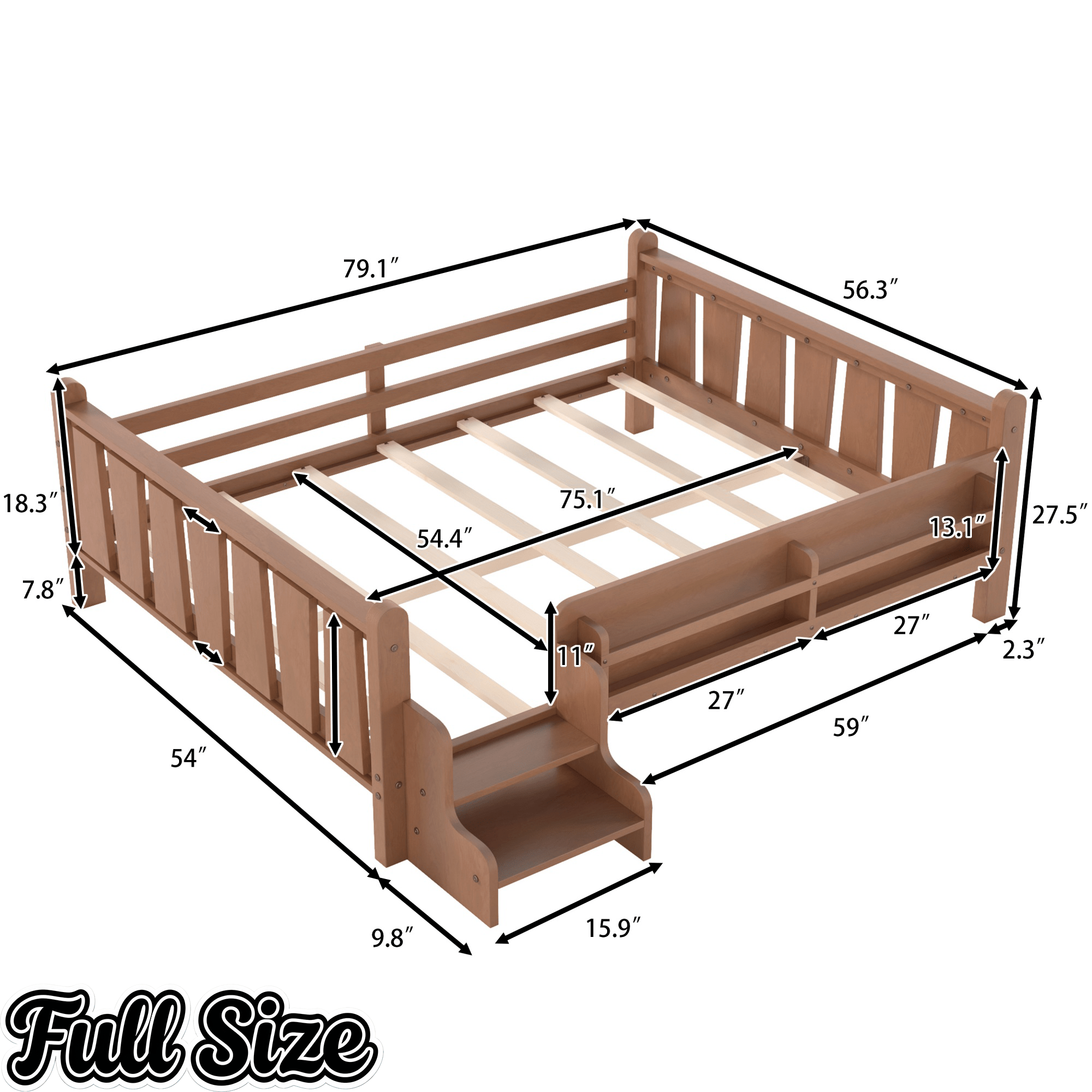 Bellemave® Full Size Floor Bed with Storage Bookcases, Solid Wood Kids Floor Bed with Cute Stairs and Guardrails, No Box Spring Needed, Espresso - Bellemave