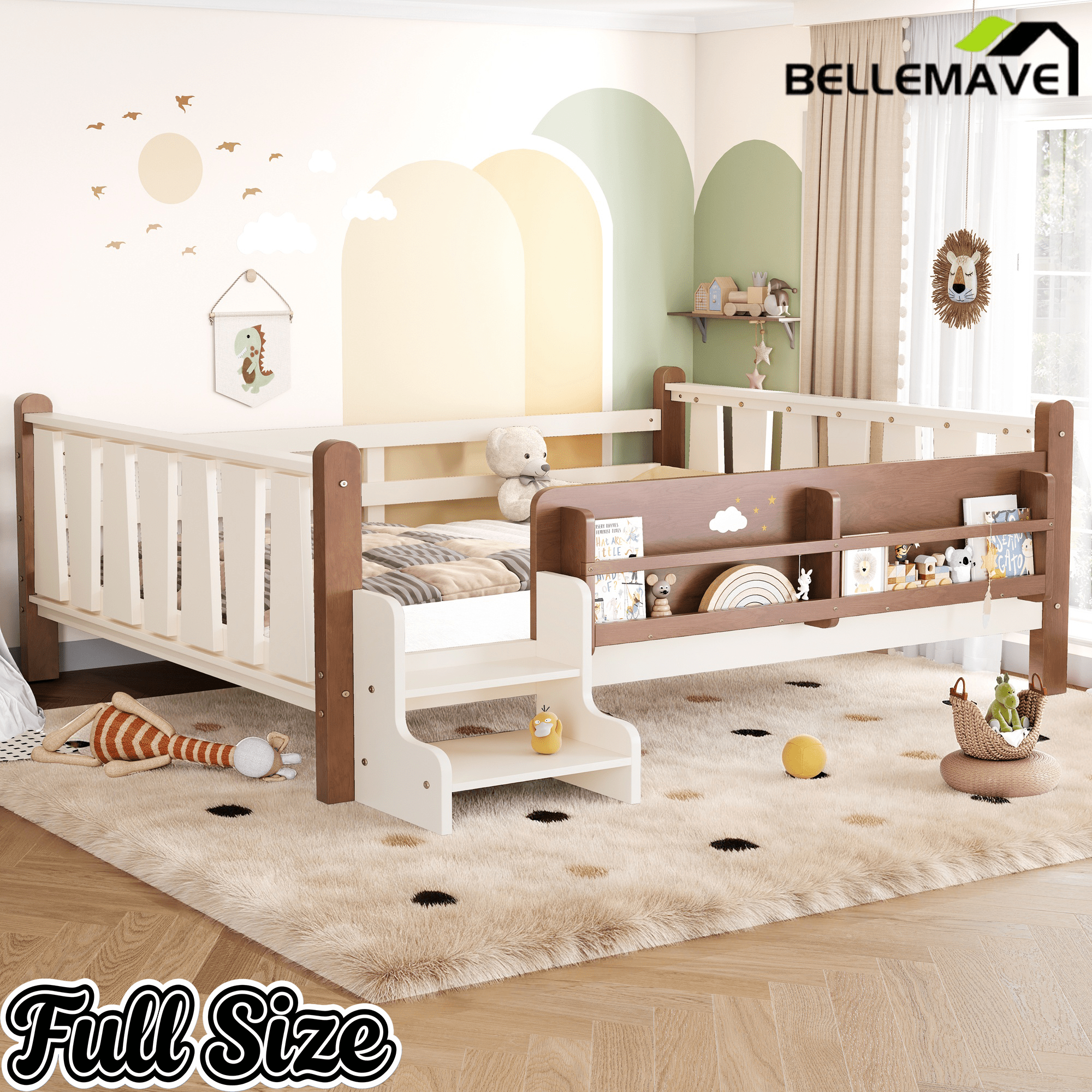 Bellemave® Full Size Floor Bed with Storage Bookcases, Solid Wood Kids Floor Bed with Cute Stairs and Guardrails, No Box Spring Needed, Espresso - Bellemave