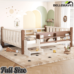 Bellemave® Full Size Floor Bed with Storage Bookcases, Solid Wood Kids Floor Bed with Cute Stairs and Guardrails, No Box Spring Needed, Espresso - Bellemave