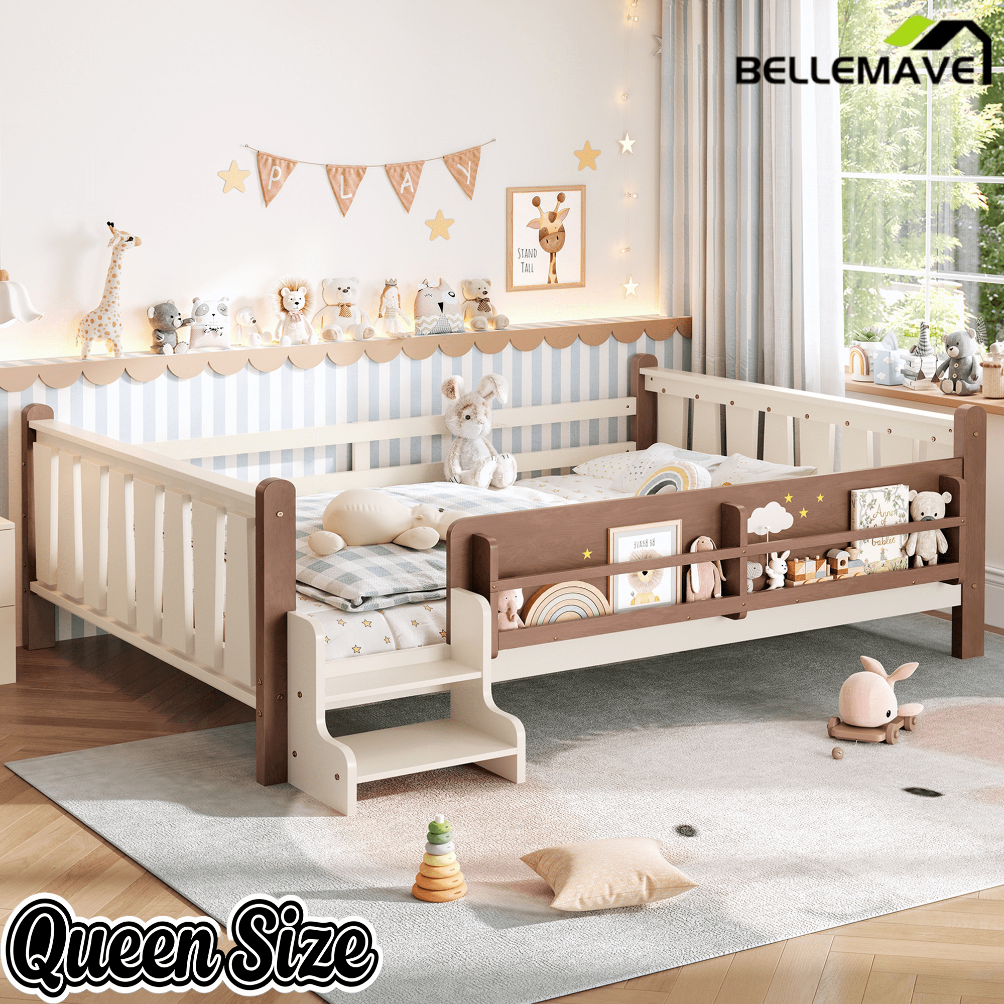 Bellemave® Full Size Floor Bed with Storage Bookcases, Solid Wood Kids Floor Bed with Cute Stairs and Guardrails, No Box Spring Needed, Espresso - Bellemave