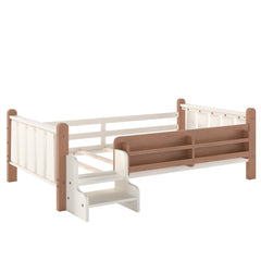 Bellemave® Full Size Floor Bed with Storage Bookcases, Solid Wood Kids Floor Bed with Cute Stairs and Guardrails, No Box Spring Needed, Espresso - Bellemave