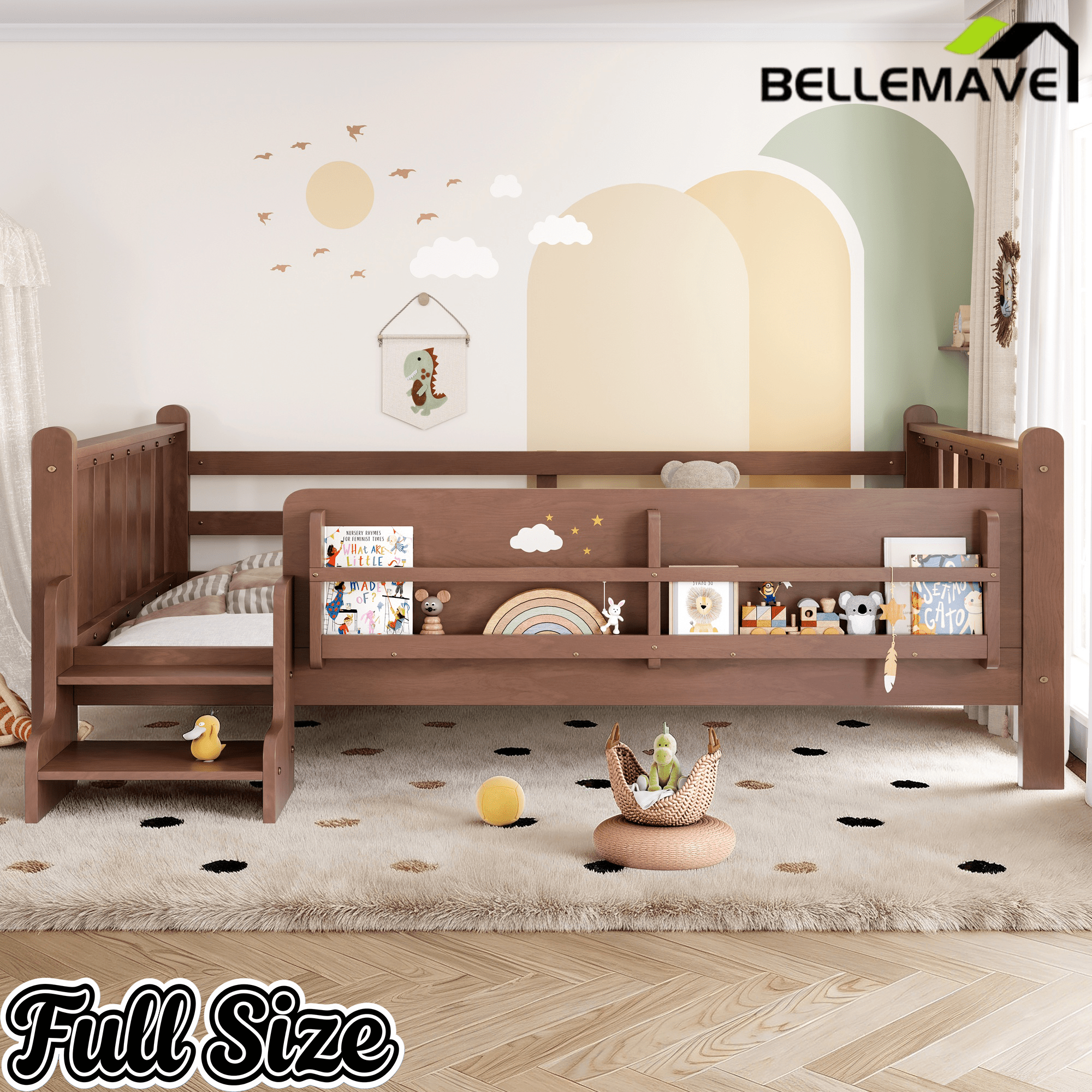 Bellemave® Full Size Floor Bed with Storage Bookcases, Solid Wood Kids Floor Bed with Cute Stairs and Guardrails, No Box Spring Needed, Espresso - Bellemave