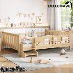 Bellemave® Full Size Floor Bed with Storage Bookcases, Solid Wood Kids Floor Bed with Cute Stairs and Guardrails, No Box Spring Needed, Espresso - Bellemave