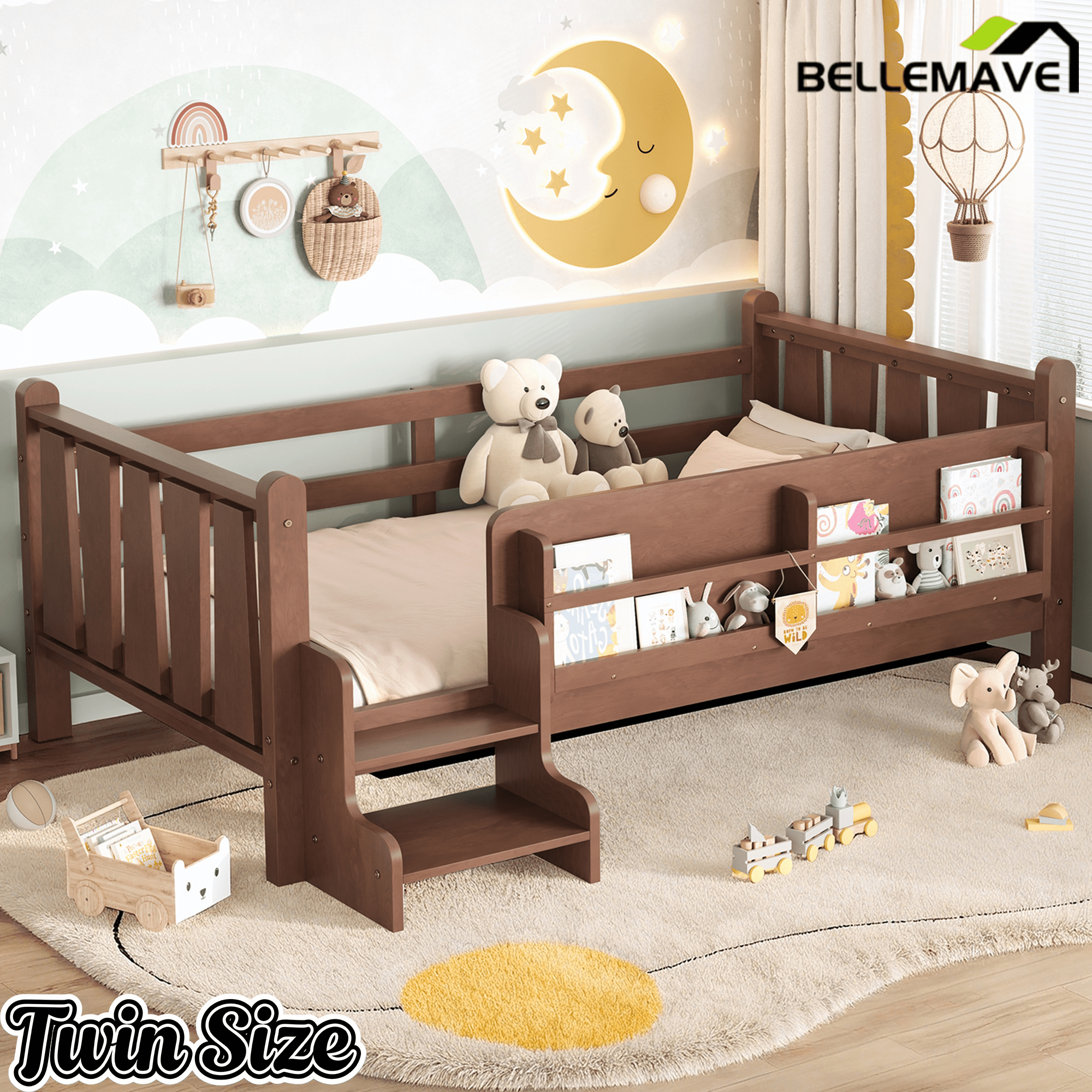 Bellemave® Full Size Floor Bed with Storage Bookcases, Solid Wood Kids Floor Bed with Cute Stairs and Guardrails, No Box Spring Needed, Espresso - Bellemave