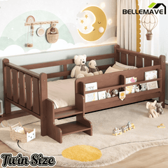 Bellemave® Full Size Floor Bed with Storage Bookcases, Solid Wood Kids Floor Bed with Cute Stairs and Guardrails, No Box Spring Needed, Espresso - Bellemave