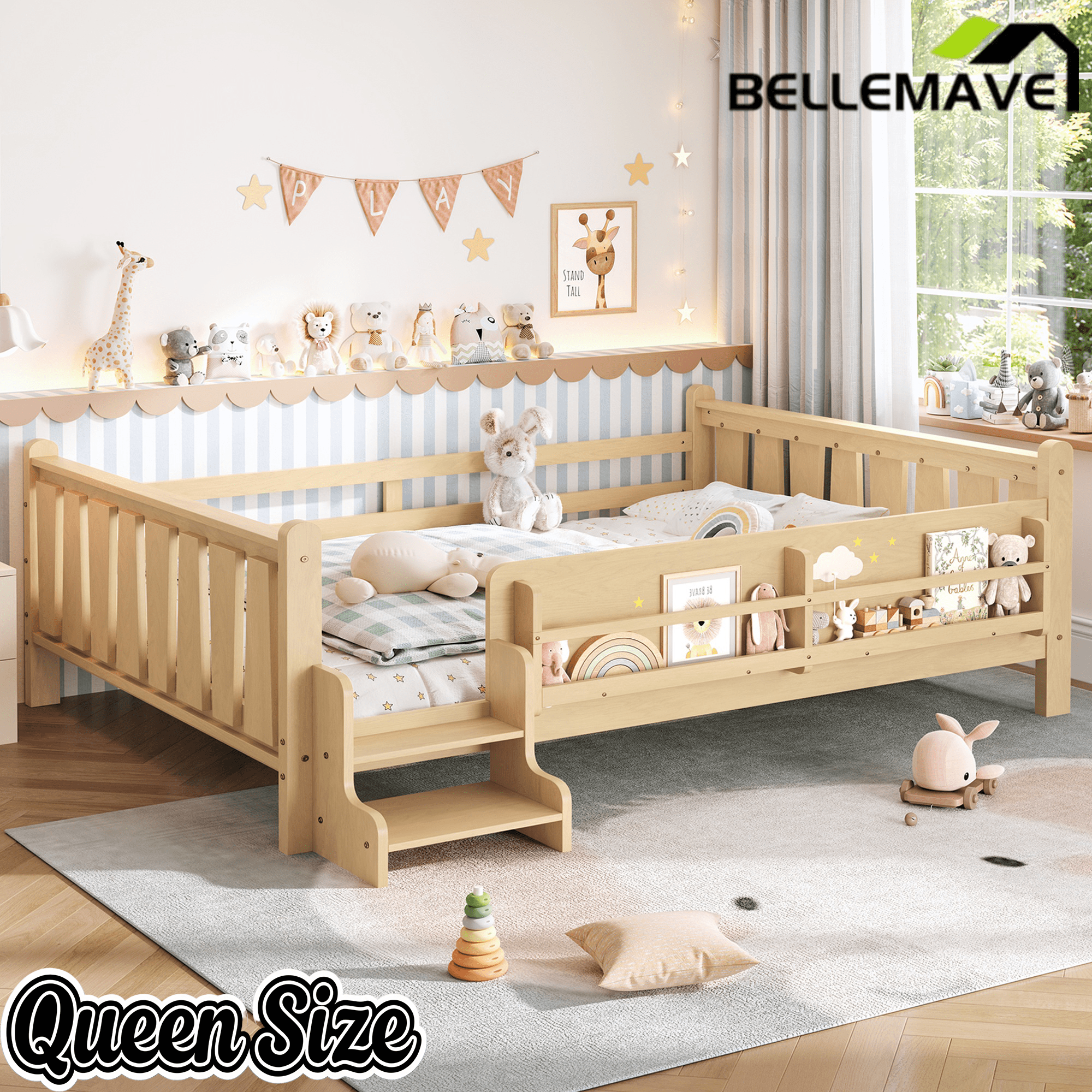 Bellemave® Full Size Floor Bed with Storage Bookcases, Solid Wood Kids Floor Bed with Cute Stairs and Guardrails, No Box Spring Needed, Espresso - Bellemave