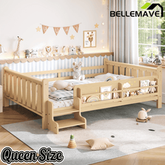 Bellemave® Full Size Floor Bed with Storage Bookcases, Solid Wood Kids Floor Bed with Cute Stairs and Guardrails, No Box Spring Needed, Espresso - Bellemave
