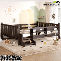 Bellemave® Full Size Floor Bed with Storage Bookcases, Solid Wood Kids Floor Bed with Cute Stairs and Guardrails, No Box Spring Needed, Espresso - Bellemave