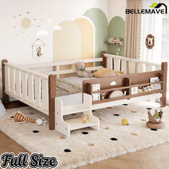 Bellemave® Full Size Floor Bed with Storage Bookcases, Solid Wood Kids Floor Bed with Cute Stairs and Guardrails, No Box Spring Needed, Espresso - Bellemave