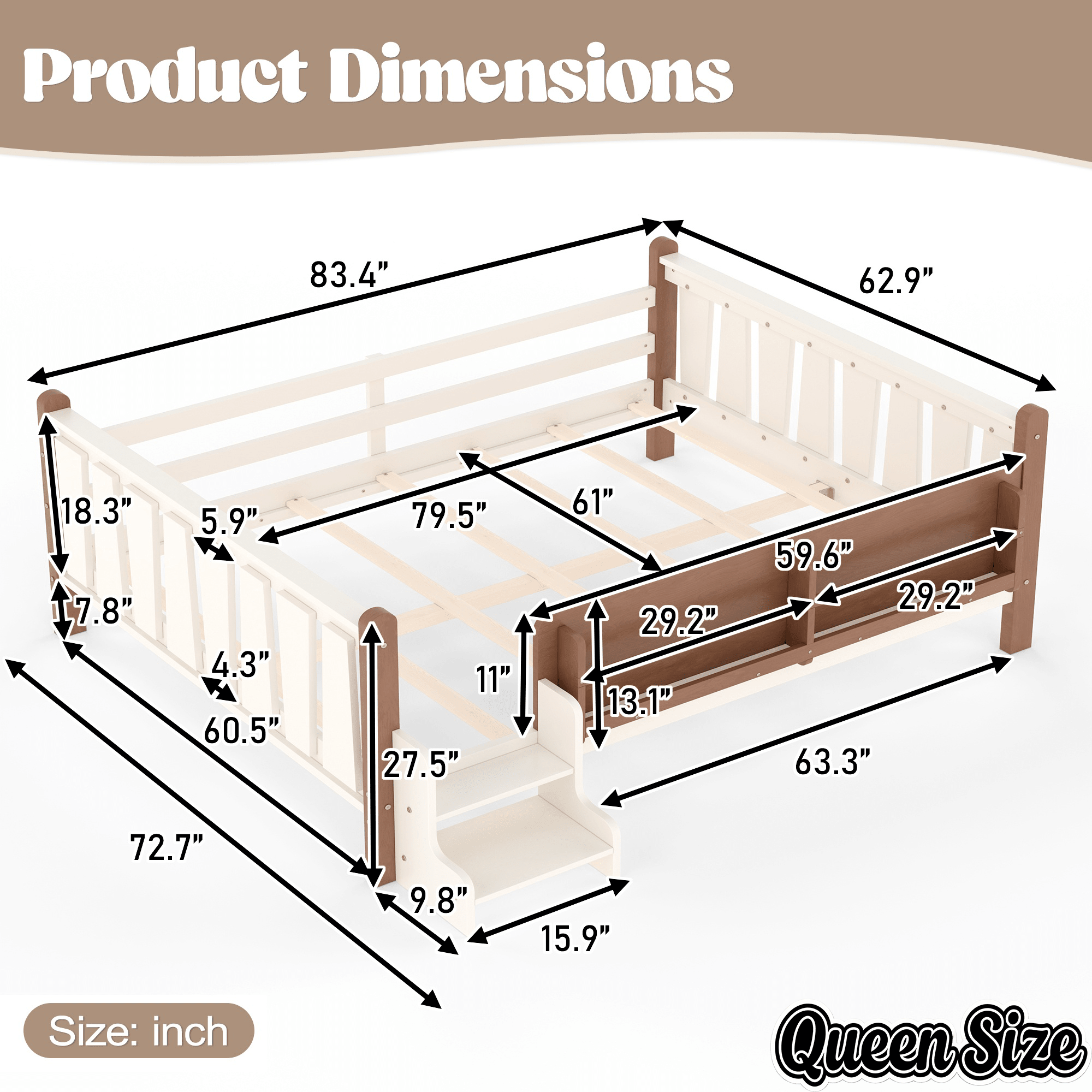 Bellemave® Full Size Floor Bed with Storage Bookcases, Solid Wood Kids Floor Bed with Cute Stairs and Guardrails, No Box Spring Needed, Espresso - Bellemave
