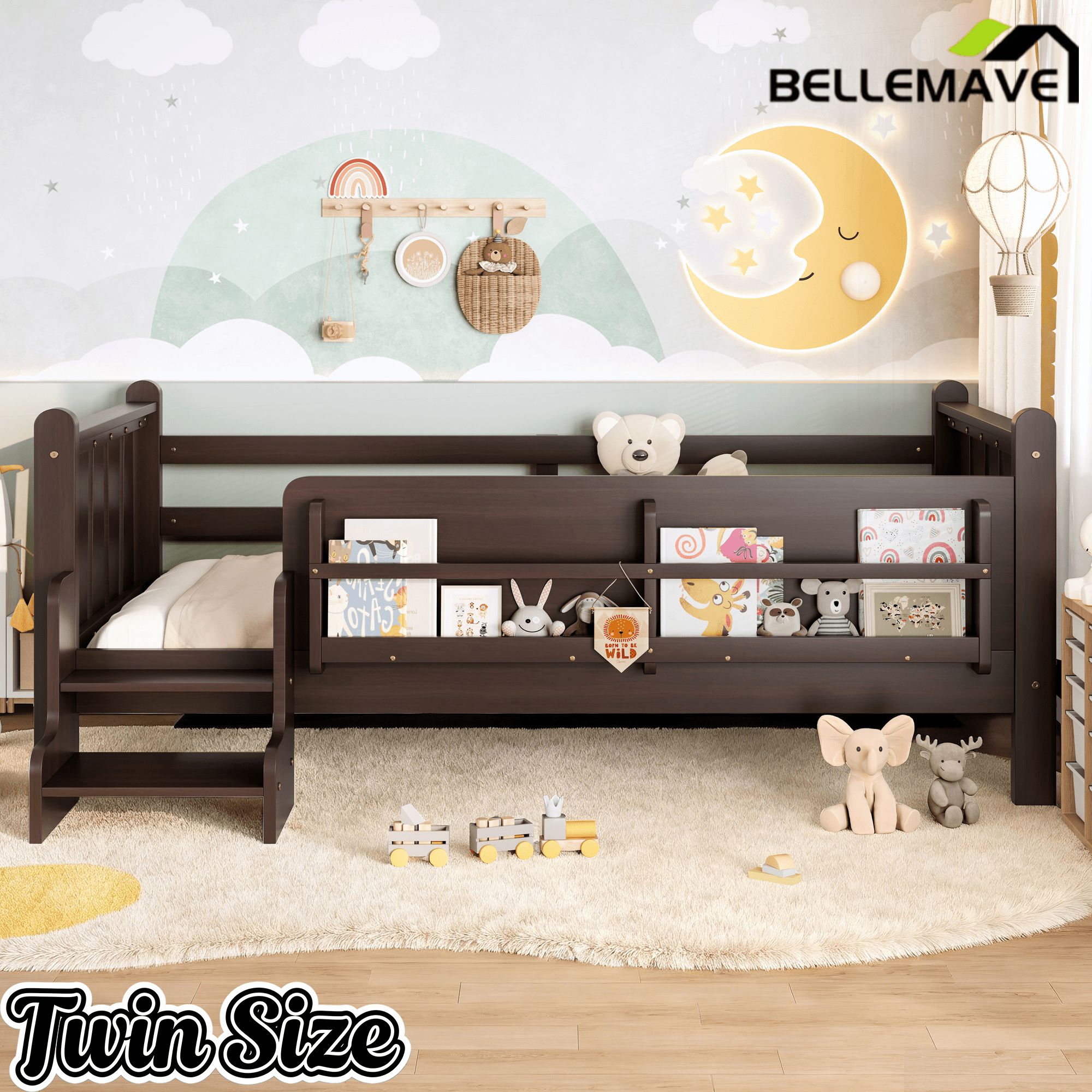 Bellemave® Full Size Floor Bed with Storage Bookcases, Solid Wood Kids Floor Bed with Cute Stairs and Guardrails, No Box Spring Needed, Espresso - Bellemave