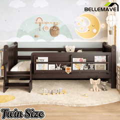 Bellemave® Full Size Floor Bed with Storage Bookcases, Solid Wood Kids Floor Bed with Cute Stairs and Guardrails, No Box Spring Needed, Espresso - Bellemave