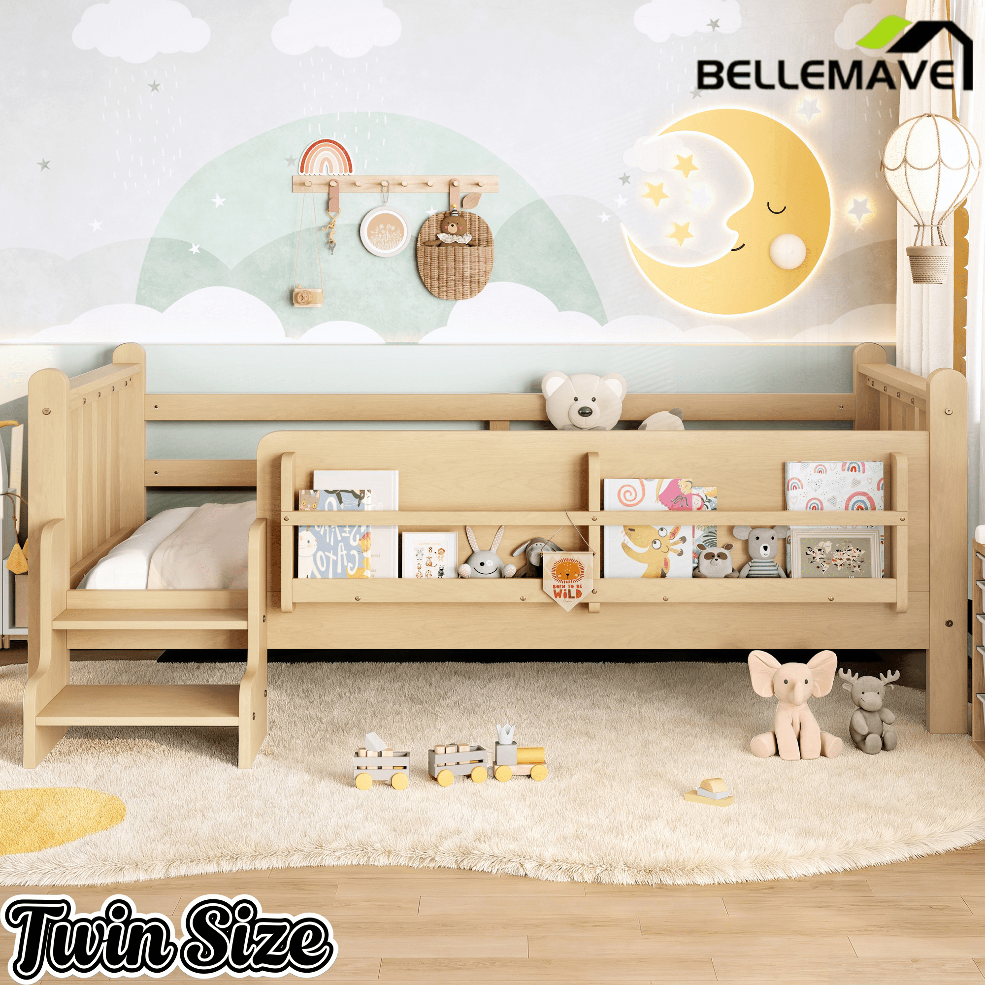 Bellemave® Full Size Floor Bed with Storage Bookcases, Solid Wood Kids Floor Bed with Cute Stairs and Guardrails, No Box Spring Needed, Espresso - Bellemave