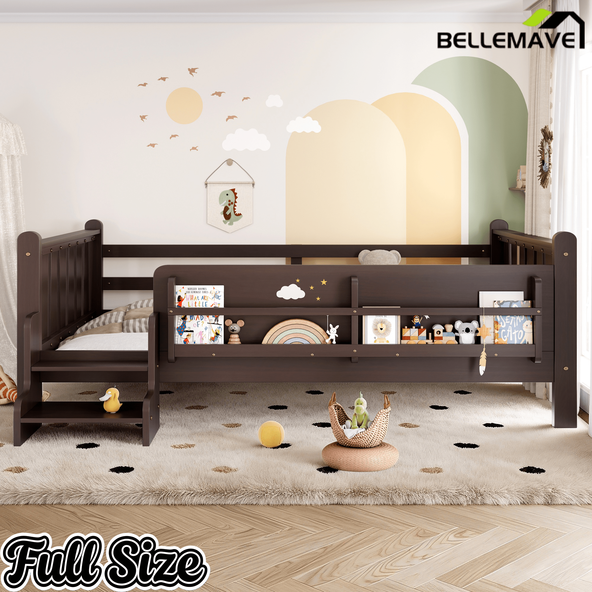 Bellemave® Full Size Floor Bed with Storage Bookcases, Solid Wood Kids Floor Bed with Cute Stairs and Guardrails, No Box Spring Needed, Espresso - Bellemave