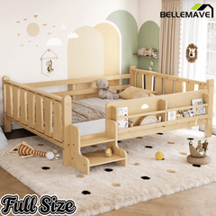 Bellemave® Full Size Floor Bed with Storage Bookcases, Solid Wood Kids Floor Bed with Cute Stairs and Guardrails, No Box Spring Needed, Espresso - Bellemave
