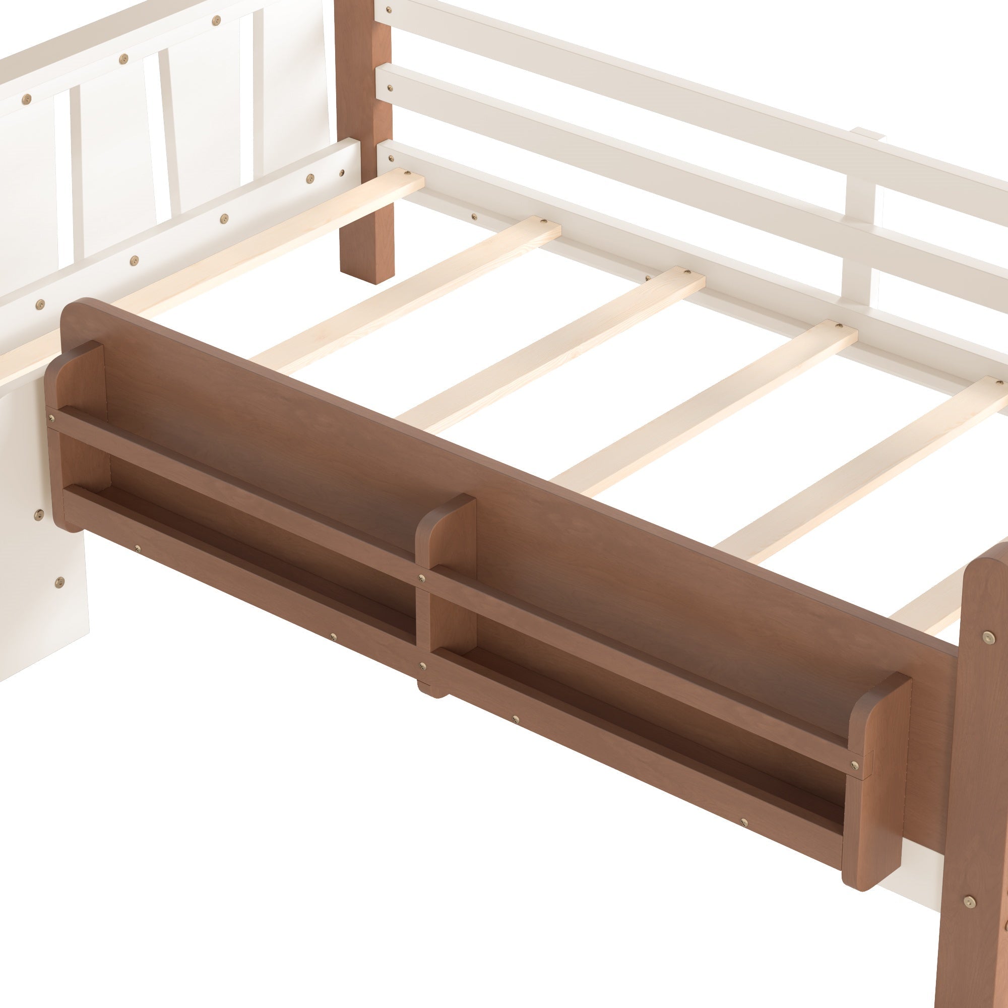 Bellemave® Full Size Floor Bed with Storage Bookcases, Solid Wood Kids Floor Bed with Cute Stairs and Guardrails, No Box Spring Needed, Espresso - Bellemave