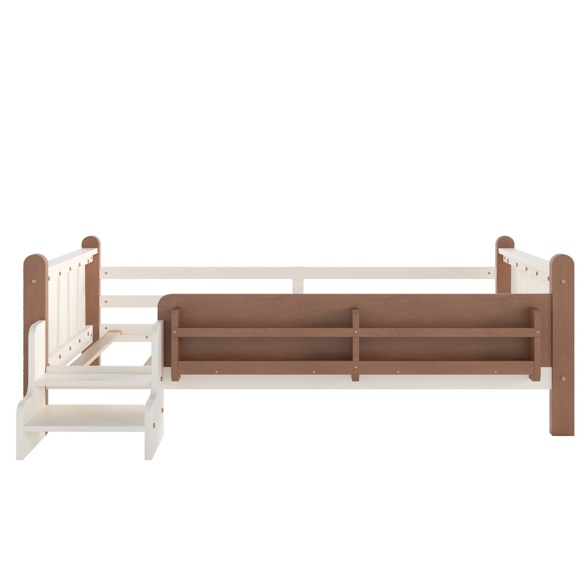 Bellemave® Full Size Floor Bed with Storage Bookcases, Solid Wood Kids Floor Bed with Cute Stairs and Guardrails, No Box Spring Needed, Espresso - Bellemave