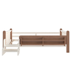 Bellemave® Full Size Floor Bed with Storage Bookcases, Solid Wood Kids Floor Bed with Cute Stairs and Guardrails, No Box Spring Needed, Espresso - Bellemave