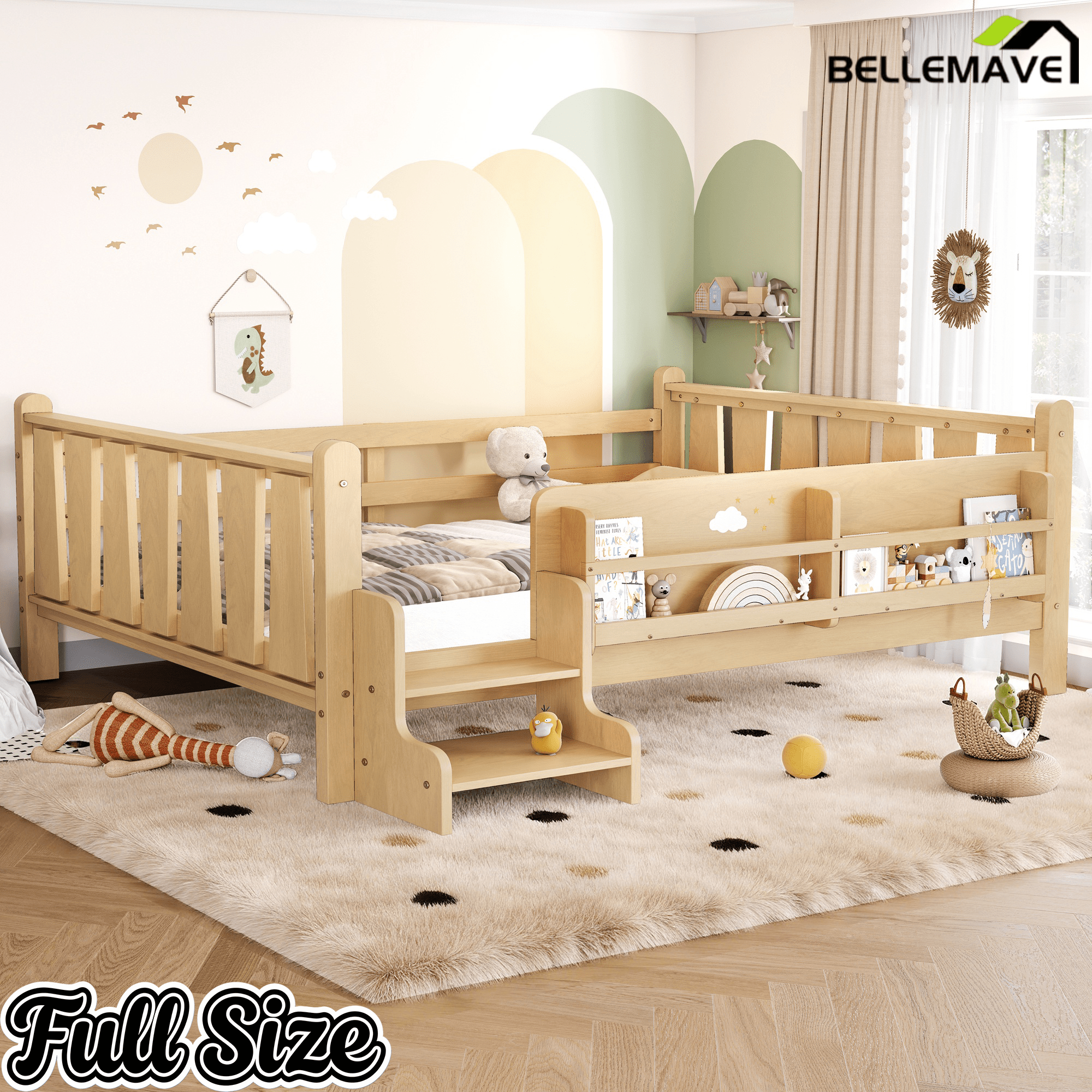 Bellemave® Full Size Floor Bed with Storage Bookcases, Solid Wood Kids Floor Bed with Cute Stairs and Guardrails, No Box Spring Needed, Espresso - Bellemave