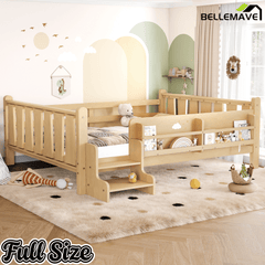 Bellemave® Full Size Floor Bed with Storage Bookcases, Solid Wood Kids Floor Bed with Cute Stairs and Guardrails, No Box Spring Needed, Espresso - Bellemave