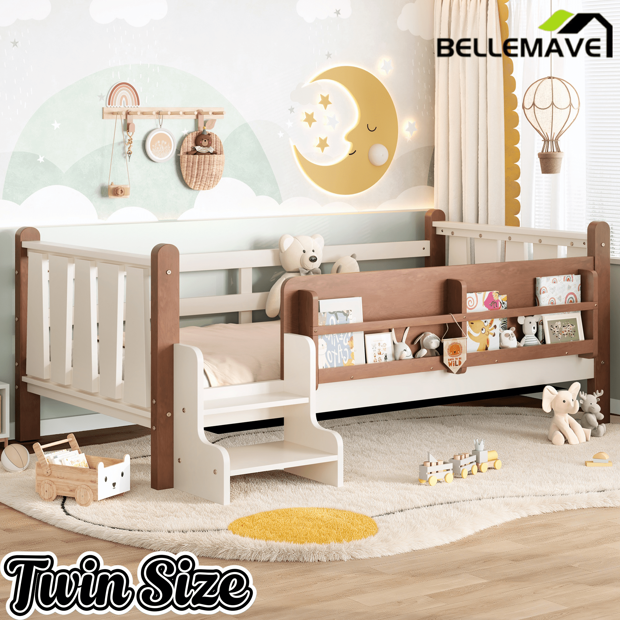 Bellemave® Full Size Floor Bed with Storage Bookcases, Solid Wood Kids Floor Bed with Cute Stairs and Guardrails, No Box Spring Needed, Espresso - Bellemave