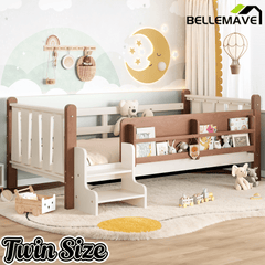 Bellemave® Full Size Floor Bed with Storage Bookcases, Solid Wood Kids Floor Bed with Cute Stairs and Guardrails, No Box Spring Needed, Espresso - Bellemave