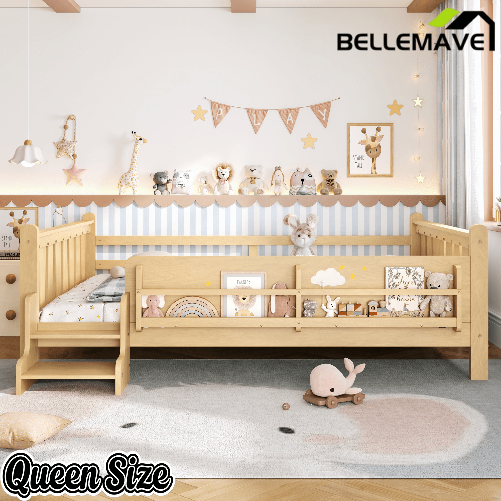 Bellemave® Full Size Floor Bed with Storage Bookcases, Solid Wood Kids Floor Bed with Cute Stairs and Guardrails, No Box Spring Needed, Espresso - Bellemave