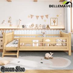 Bellemave® Full Size Floor Bed with Storage Bookcases, Solid Wood Kids Floor Bed with Cute Stairs and Guardrails, No Box Spring Needed, Espresso - Bellemave