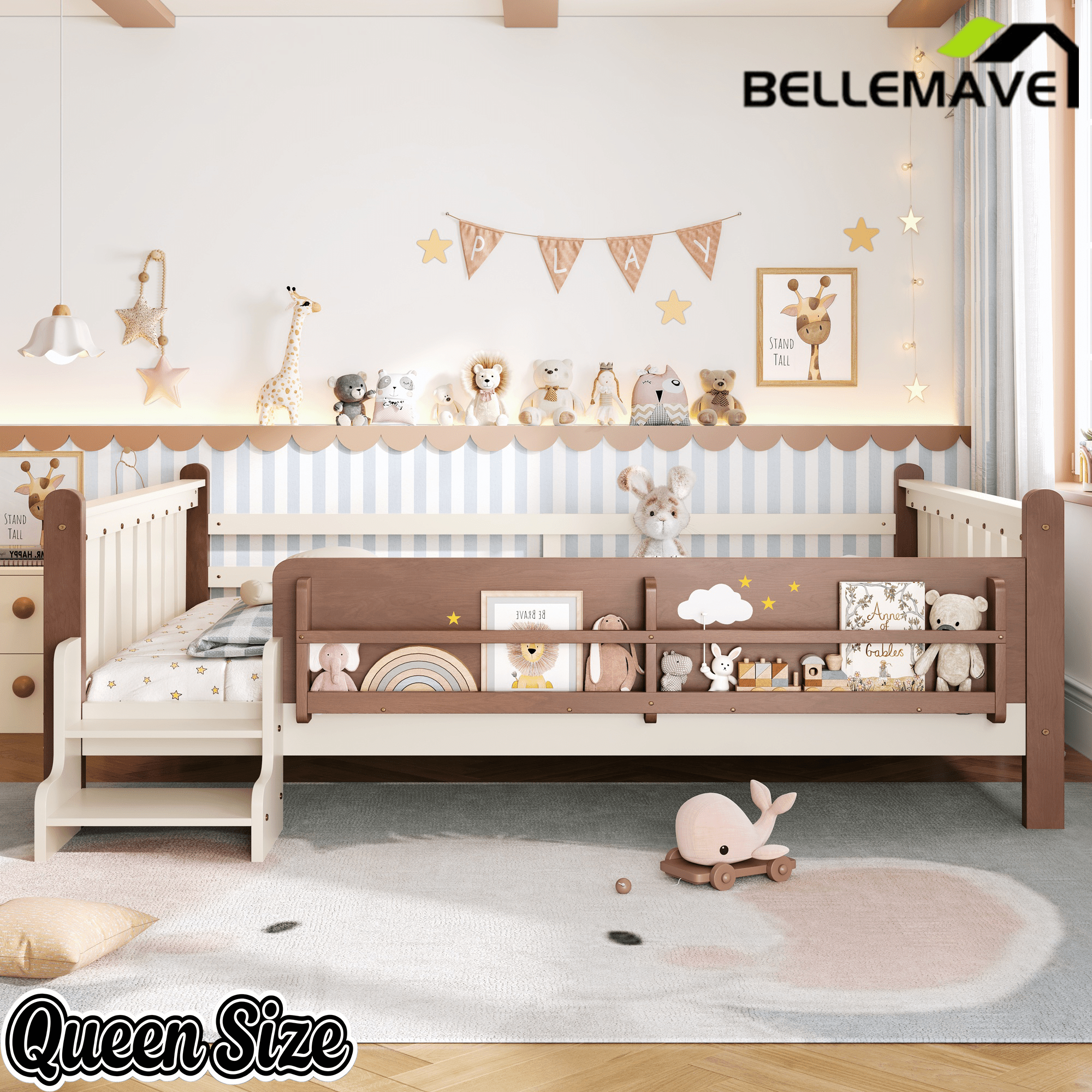 Bellemave® Full Size Floor Bed with Storage Bookcases, Solid Wood Kids Floor Bed with Cute Stairs and Guardrails, No Box Spring Needed, Espresso - Bellemave