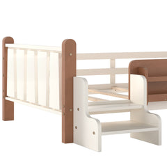 Bellemave® Full Size Floor Bed with Storage Bookcases, Solid Wood Kids Floor Bed with Cute Stairs and Guardrails, No Box Spring Needed, Espresso - Bellemave