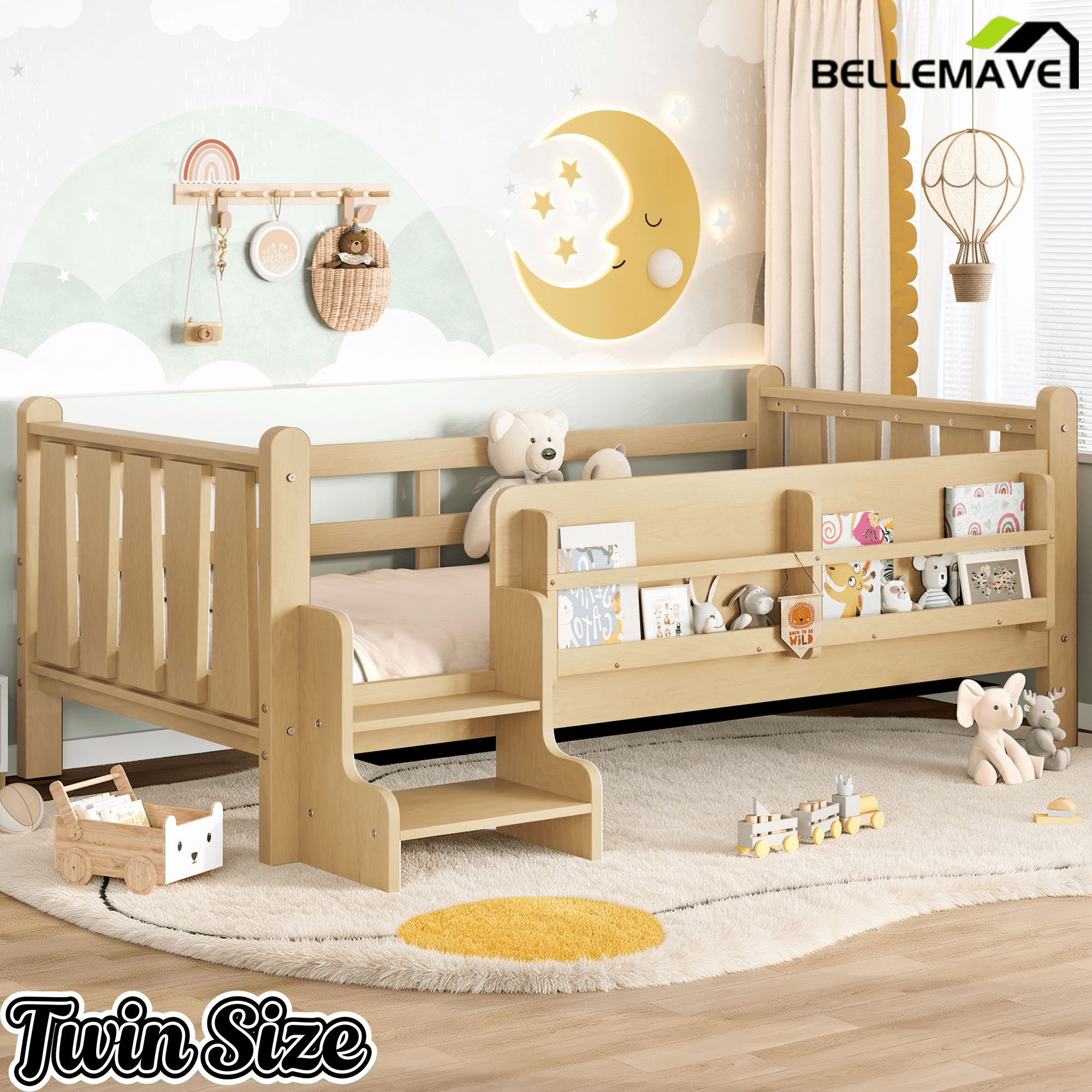 Bellemave® Full Size Floor Bed with Storage Bookcases, Solid Wood Kids Floor Bed with Cute Stairs and Guardrails, No Box Spring Needed, Espresso - Bellemave