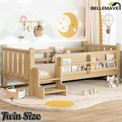 Bellemave® Full Size Floor Bed with Storage Bookcases, Solid Wood Kids Floor Bed with Cute Stairs and Guardrails, No Box Spring Needed, Espresso - Bellemave