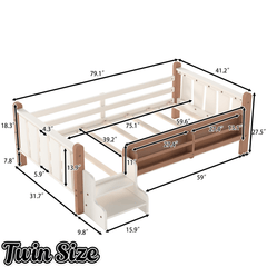 Bellemave® Full Size Floor Bed with Storage Bookcases, Solid Wood Kids Floor Bed with Cute Stairs and Guardrails, No Box Spring Needed, Espresso - Bellemave