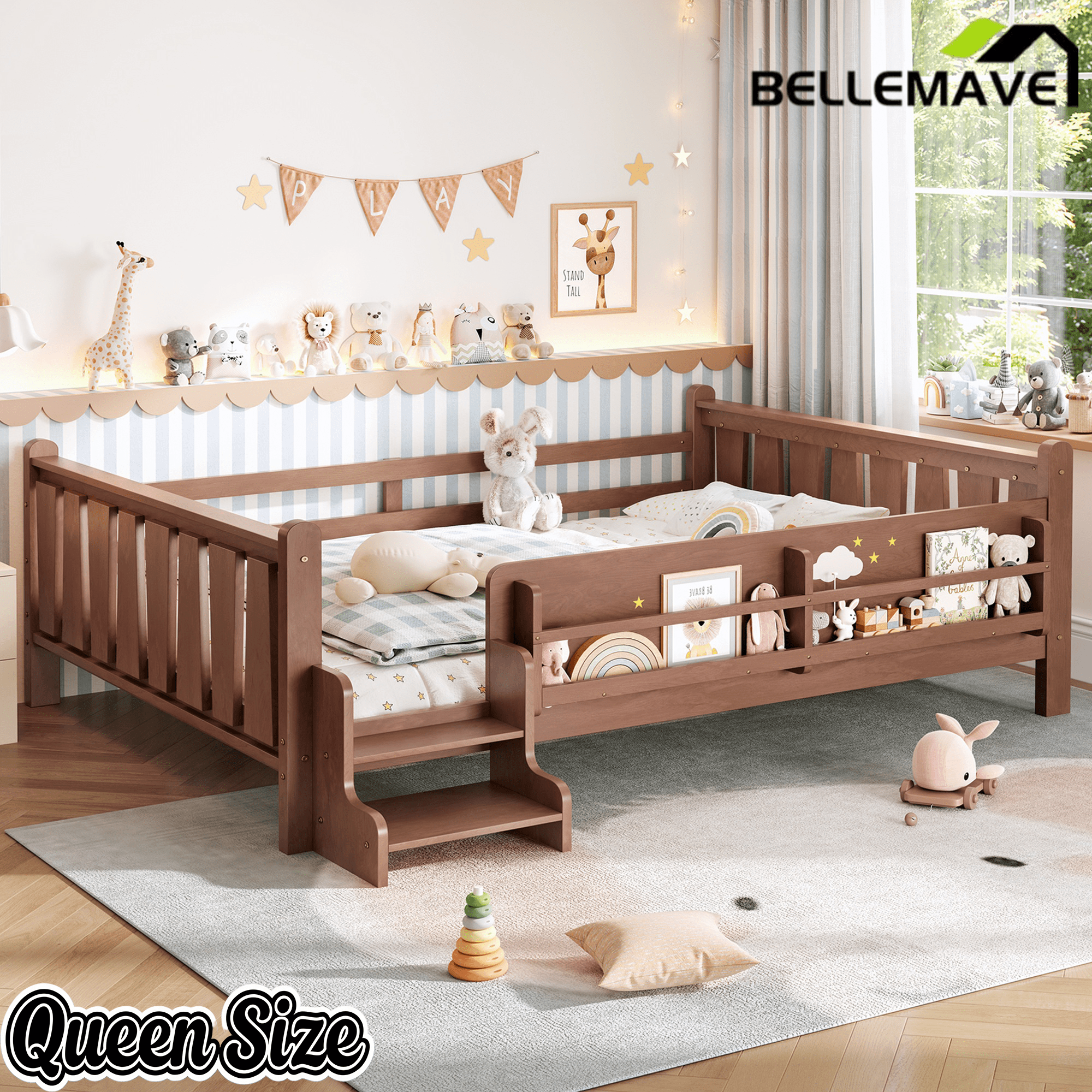 Bellemave® Full Size Floor Bed with Storage Bookcases, Solid Wood Kids Floor Bed with Cute Stairs and Guardrails, No Box Spring Needed, Espresso - Bellemave