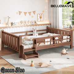 Bellemave® Full Size Floor Bed with Storage Bookcases, Solid Wood Kids Floor Bed with Cute Stairs and Guardrails, No Box Spring Needed, Espresso - Bellemave