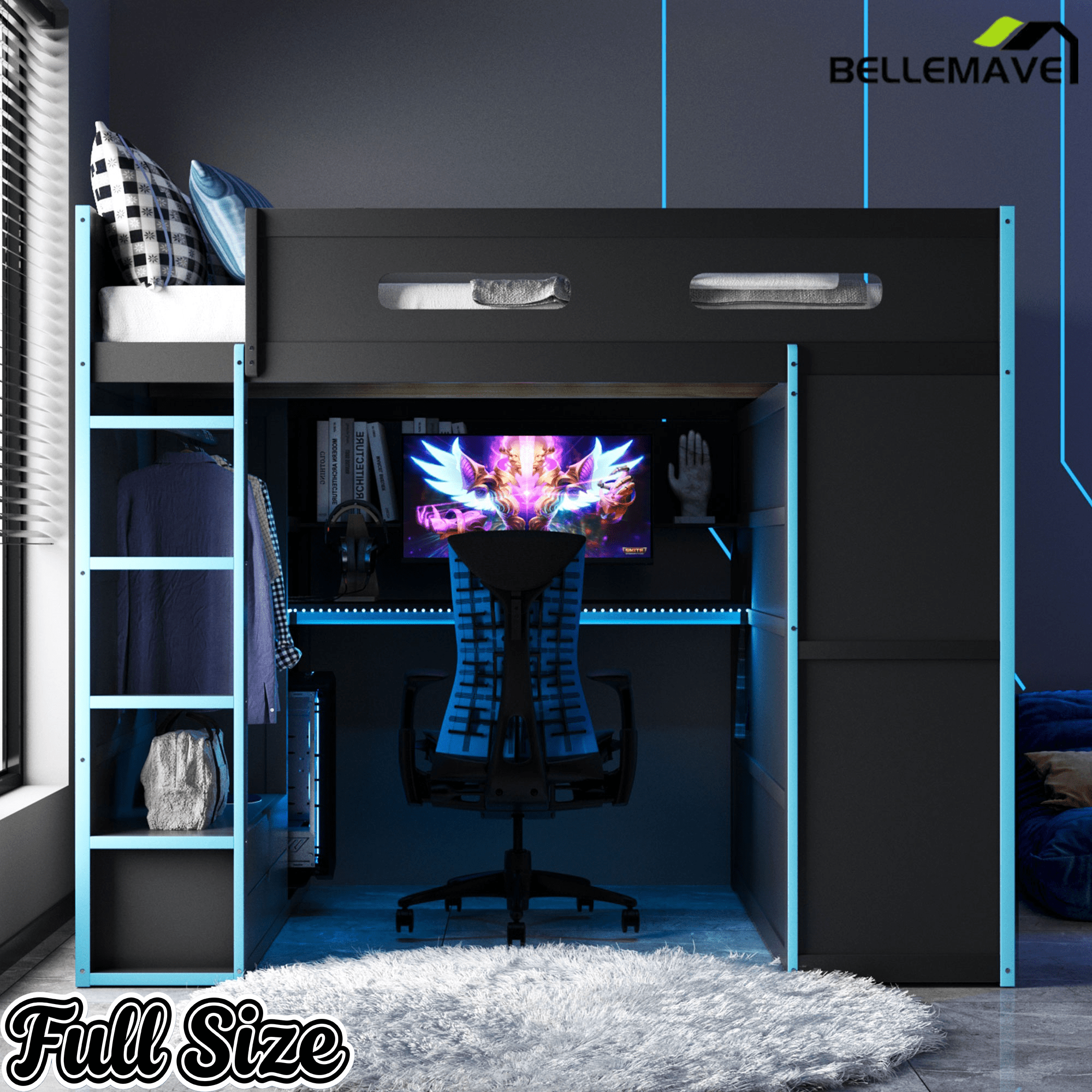 Bellemave® Full Size Gamer Loft Bed with Built - in Desk, RGB Lighting, USB Port & Storage, Gaming Bed with Wardrobe, Drawers - Bellemave