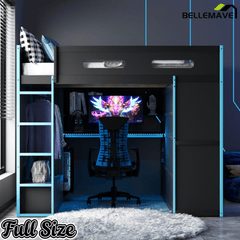 Bellemave® Full Size Gamer Loft Bed with Built - in Desk, RGB Lighting, USB Port & Storage, Gaming Bed with Wardrobe, Drawers - Bellemave