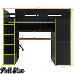 Bellemave® Full Size Gamer Loft Bed with Built - in Desk, RGB Lighting, USB Port & Storage, Gaming Bed with Wardrobe, Drawers - Bellemave