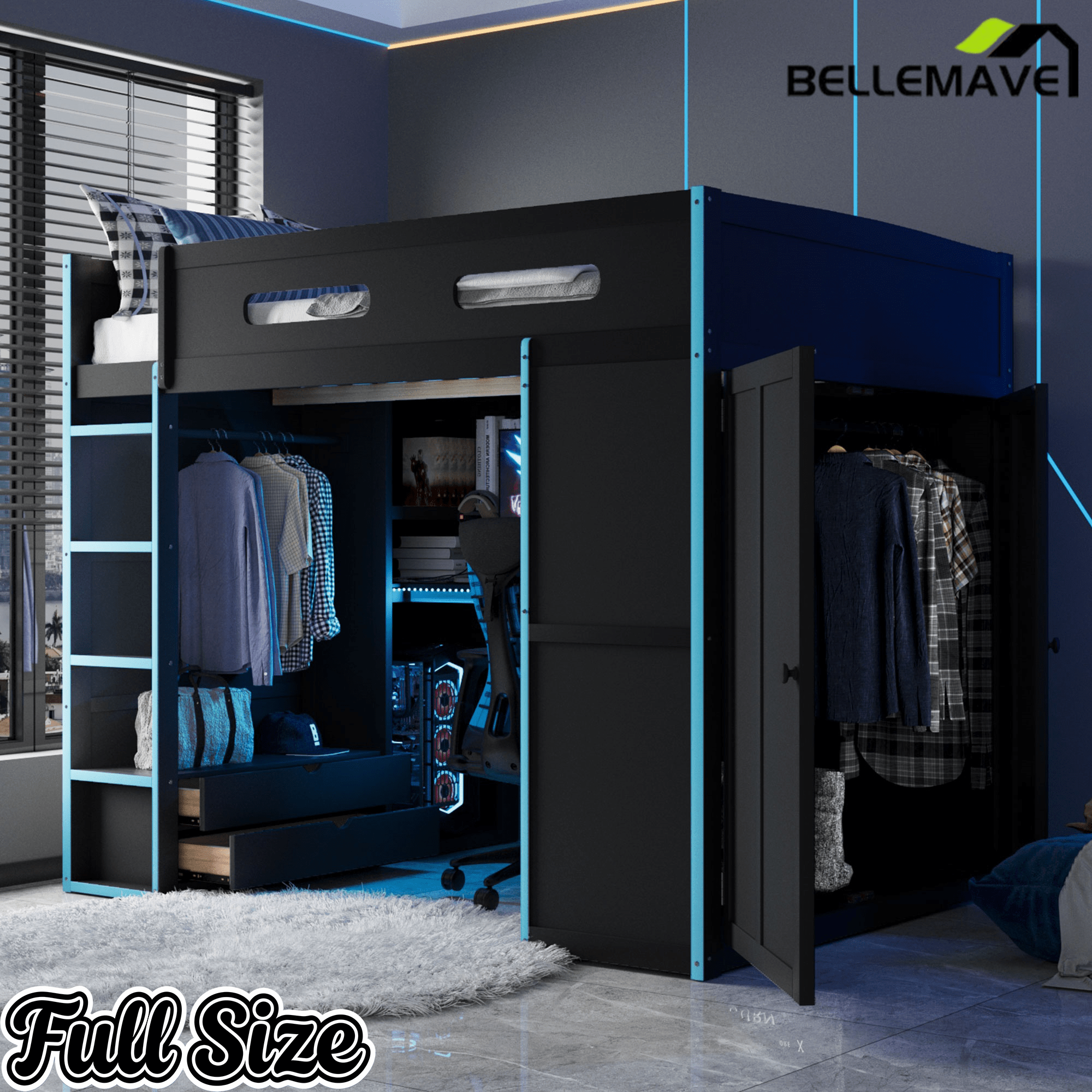 Bellemave® Full Size Gamer Loft Bed with Built - in Desk, RGB Lighting, USB Port & Storage, Gaming Bed with Wardrobe, Drawers - Bellemave