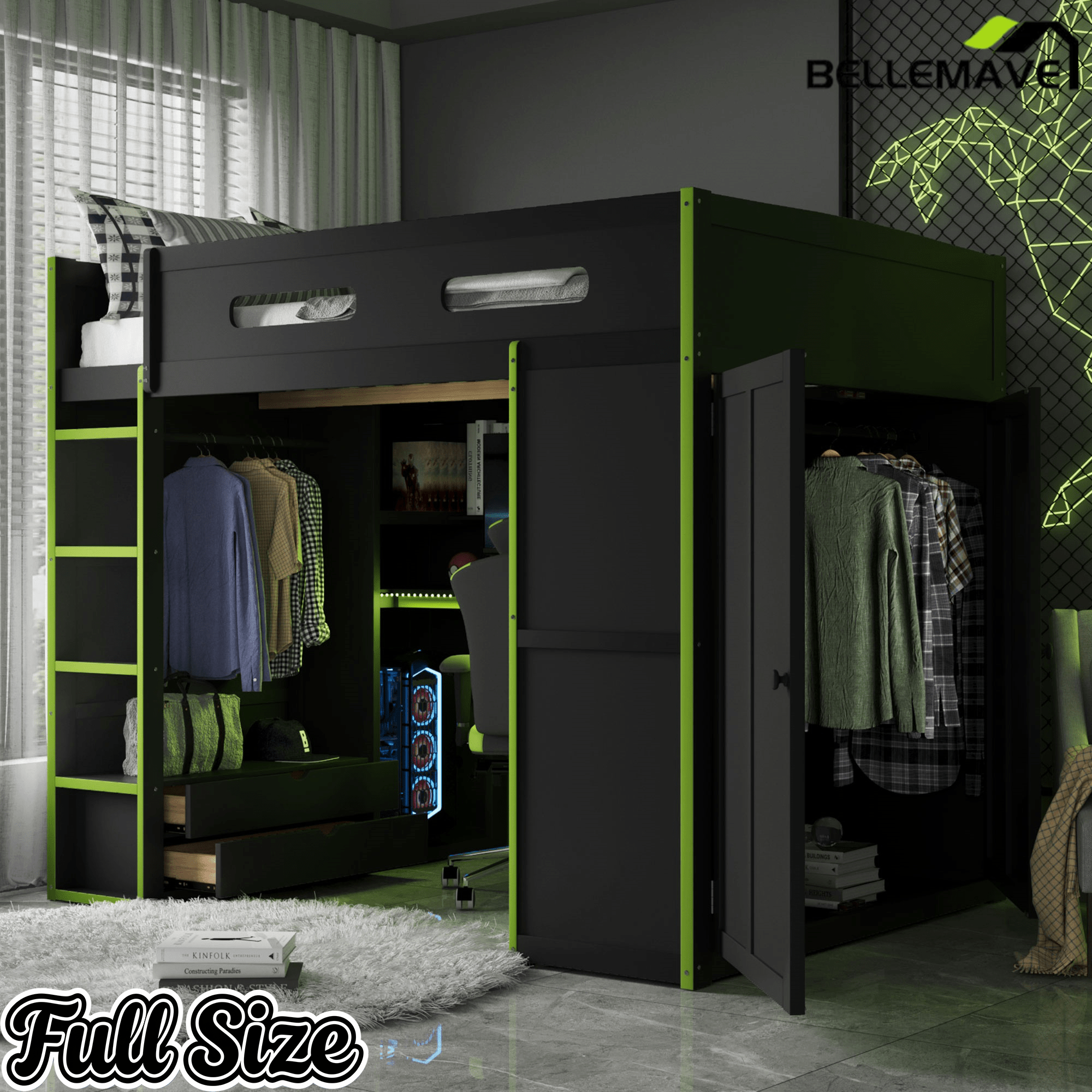Bellemave® Full Size Gamer Loft Bed with Built - in Desk, RGB Lighting, USB Port & Storage, Gaming Bed with Wardrobe, Drawers - Bellemave