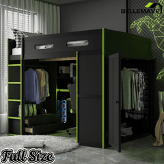 Bellemave® Full Size Gamer Loft Bed with Built - in Desk, RGB Lighting, USB Port & Storage, Gaming Bed with Wardrobe, Drawers - Bellemave