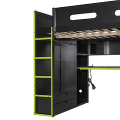 Bellemave® Full Size Gamer Loft Bed with Built - in Desk, RGB Lighting, USB Port & Storage, Gaming Bed with Wardrobe, Drawers - Bellemave