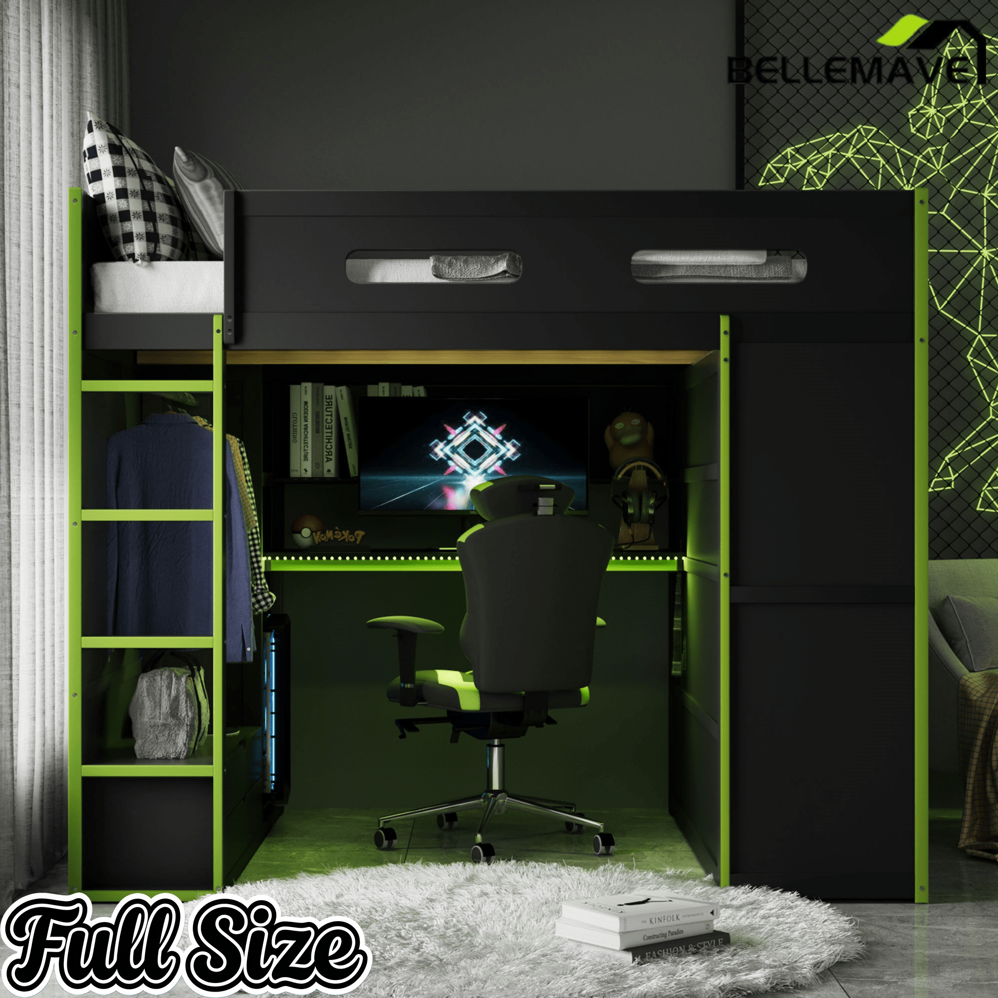 Bellemave® Full Size Gamer Loft Bed with Built - in Desk, RGB Lighting, USB Port & Storage, Gaming Bed with Wardrobe, Drawers - Bellemave