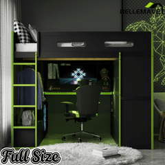 Bellemave® Full Size Gamer Loft Bed with Built - in Desk, RGB Lighting, USB Port & Storage, Gaming Bed with Wardrobe, Drawers - Bellemave