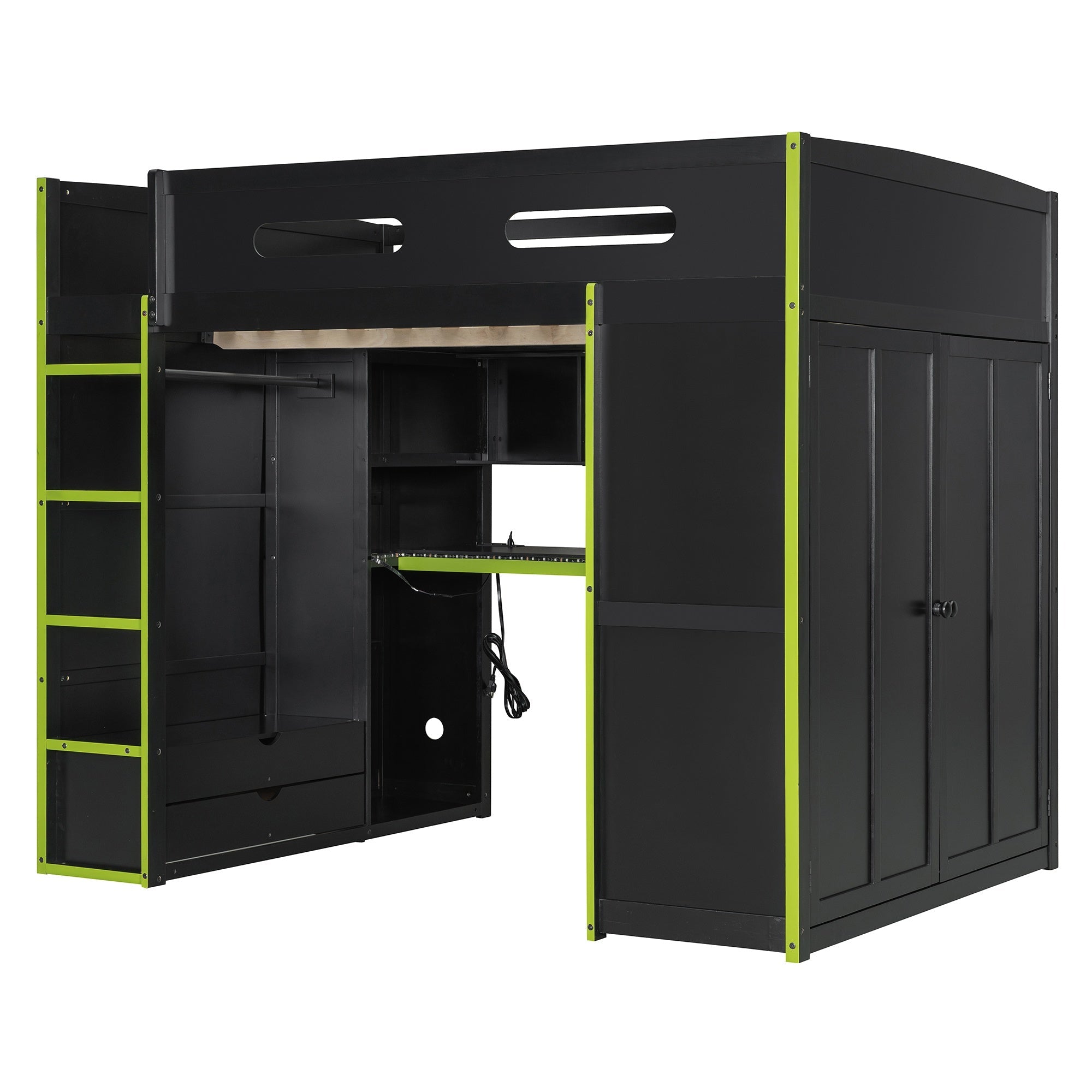 Bellemave® Full Size Gamer Loft Bed with Built - in Desk, RGB Lighting, USB Port & Storage, Gaming Bed with Wardrobe, Drawers - Bellemave
