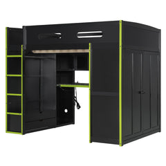 Bellemave® Full Size Gamer Loft Bed with Built - in Desk, RGB Lighting, USB Port & Storage, Gaming Bed with Wardrobe, Drawers - Bellemave